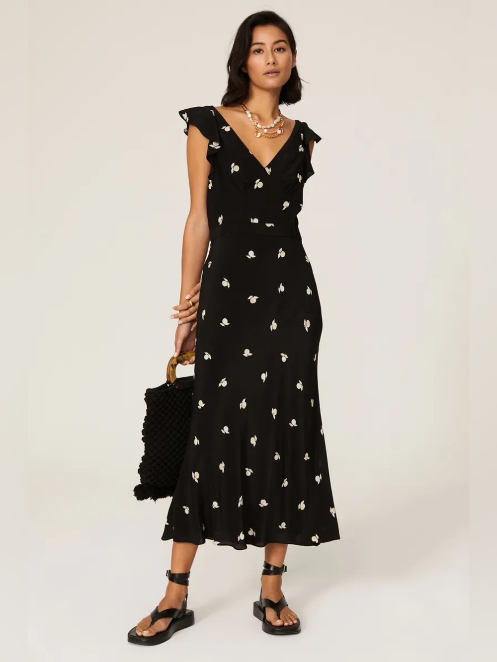Jason Wu 100% Silk Black Midi/Maxi Dress w/ Cream White Floral Fruit Motif XS